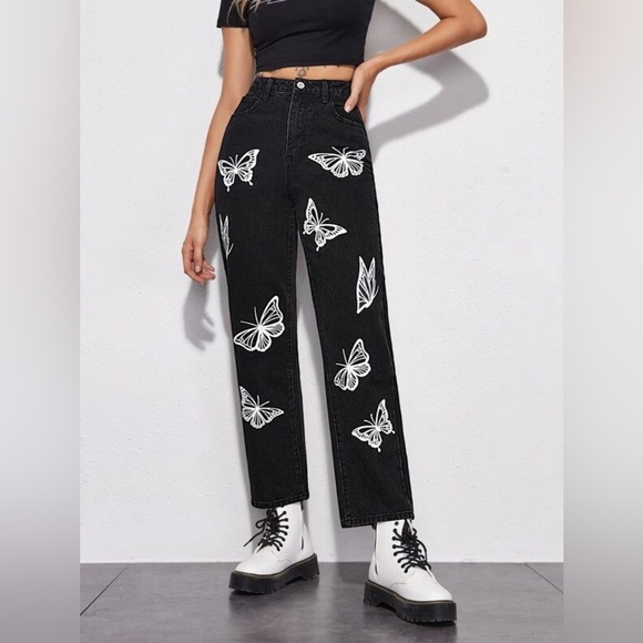 SHEIN Denim - Shein Women's Black Jeans with Printed Butterflies, size Large